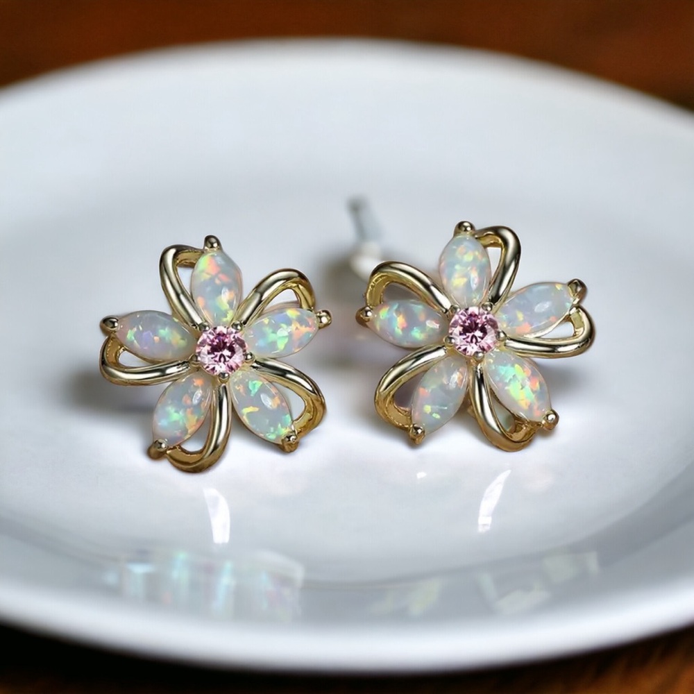 18k Gold Plated Floral Opal Stud Earrings with Pink CZ Centre. New